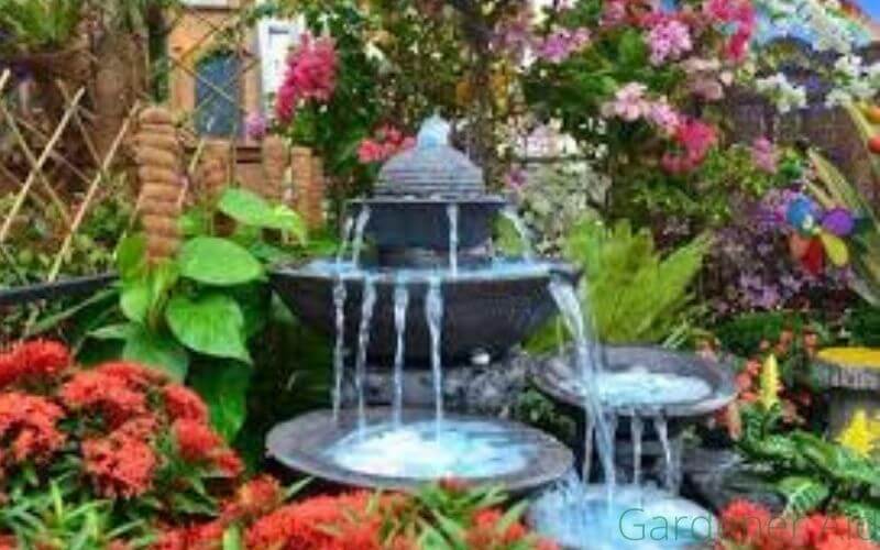 Colorful Flower Garden with Water Feature